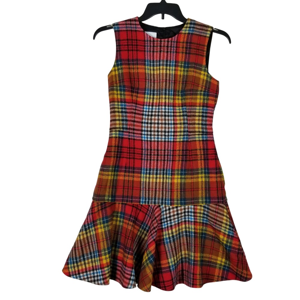 Akris Punto Dress Womens 6 Red Plaid Virgin Wool Ruffle Hem Sleeveless 497562